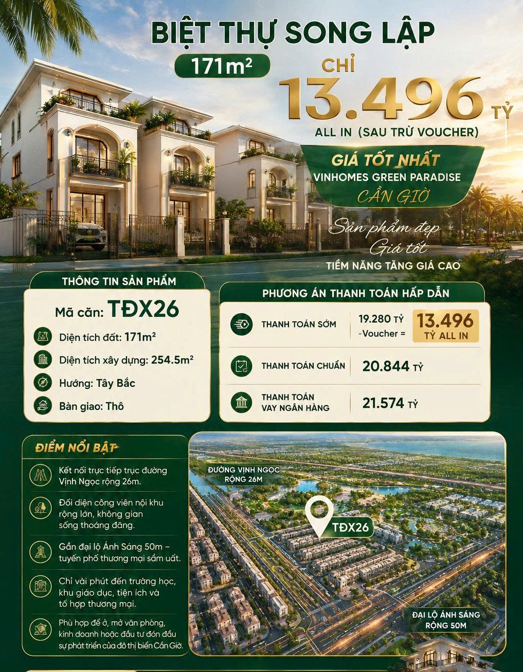 BIỆT THỰ SONG LẬP - 171m2 - CHỈ 13.496 tỷ all in (SAU TRỪ VOUCHER) - GIÁ TỐT NHẤT VINHOMES  GREEN PARADISE CẦN GIỜ