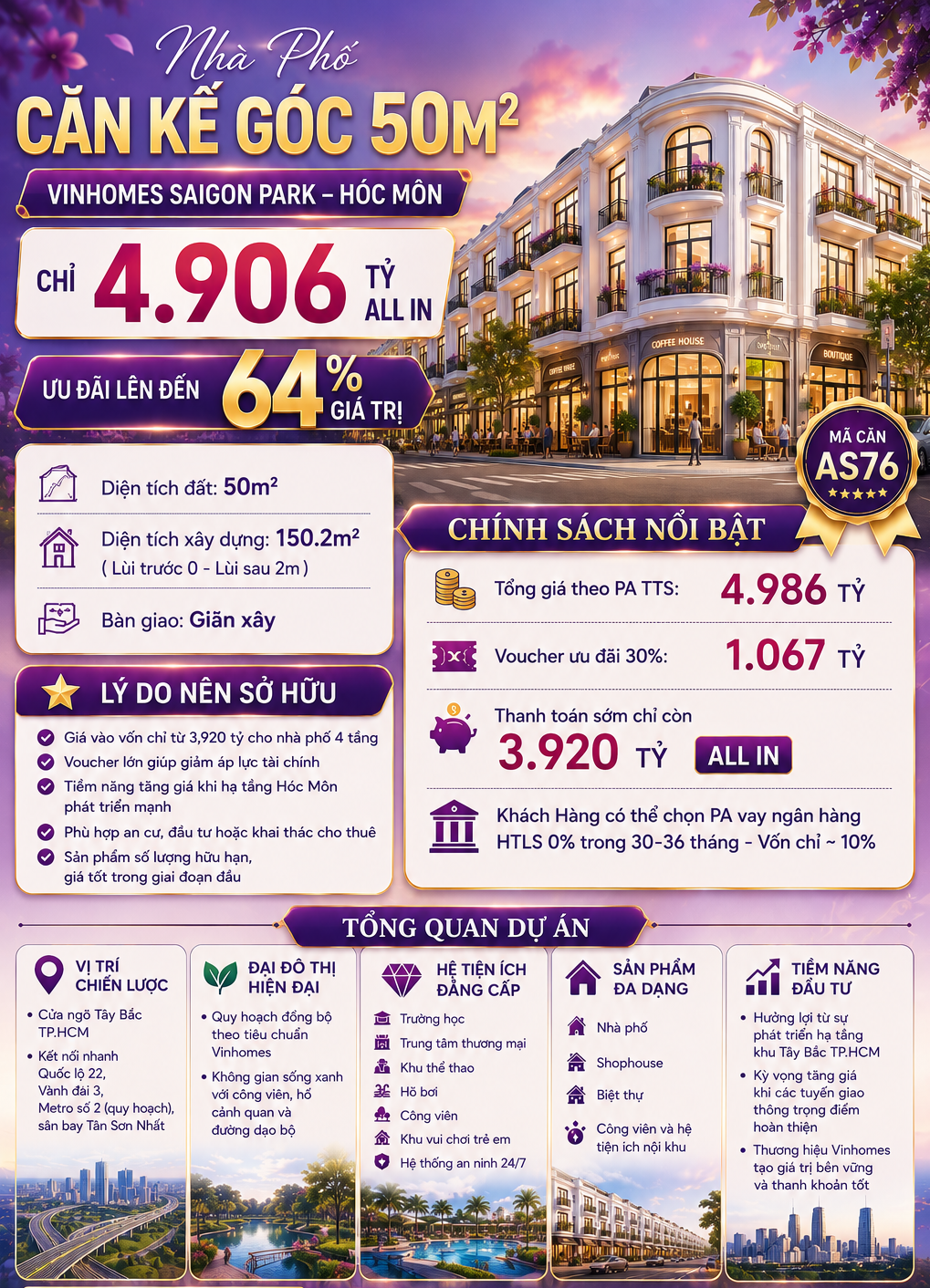 NHÀ PHỐ - CĂN KẾ GÓC 50M2- Chỉ 4.906 tỷ ALL IN - ƯU ĐÃI lên đến 64% giá trị - VINHOMES SAIGON PARK – HÓC MÔN